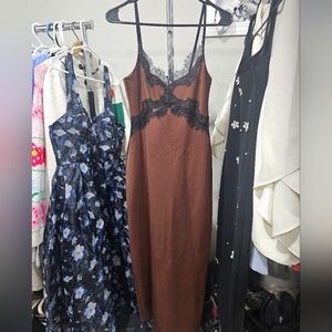 Zara Brown Satin Slip Dress with Black Lace